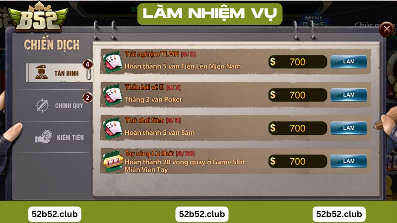 Khuyến mãi làm nhiệm vụ tặng tiền tại B52 Ckub