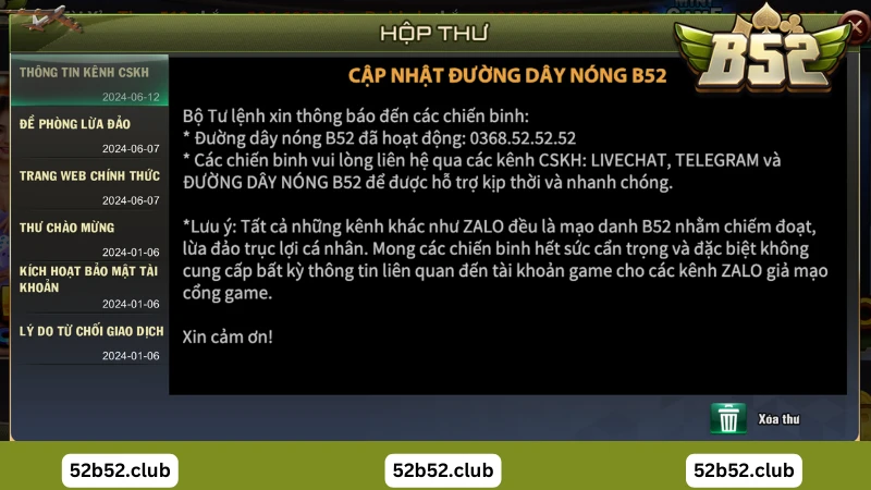 Lưu ý khi liên hệ B52 Club