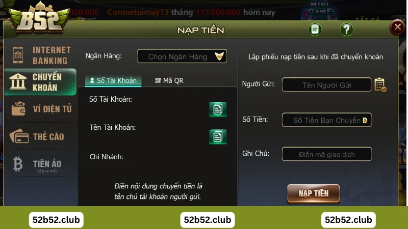 Nạp tiền bằng chuyển khoản tại B52 Club