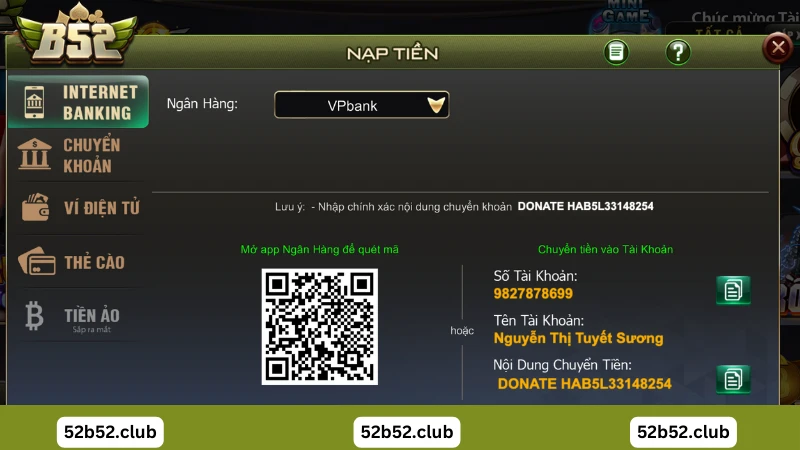 Nạp tiền bằng Internet banking B52 Club