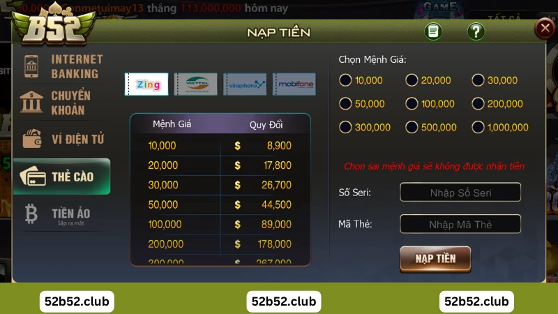 Nạp tiền thẻ cào tại B2 Club