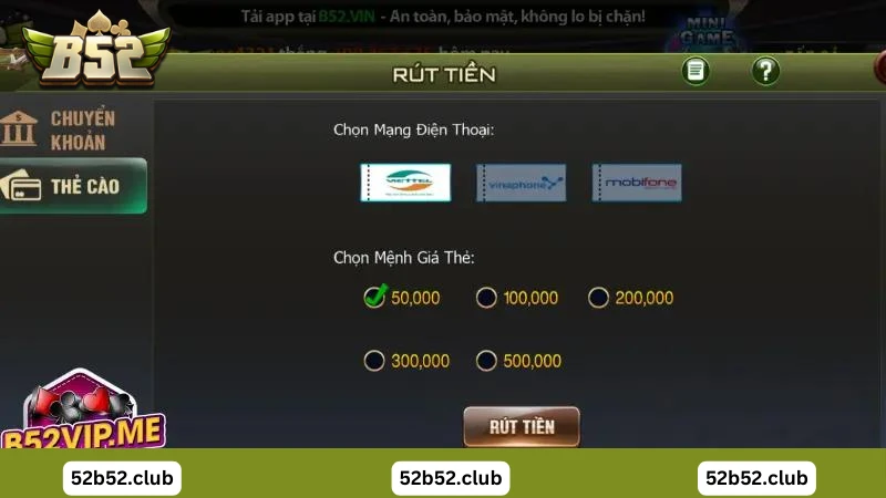 Rút tiền B52 Club về thẻ cào