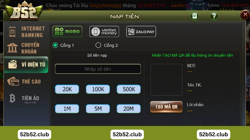 Nạp tiền bằng Ví điện tử tại B52 Club